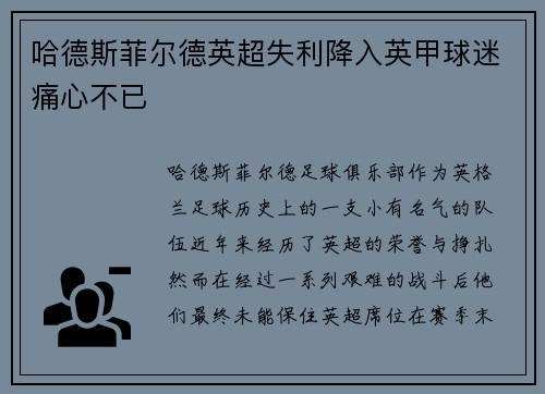 哈德斯菲尔德英超失利降入英甲球迷痛心不已